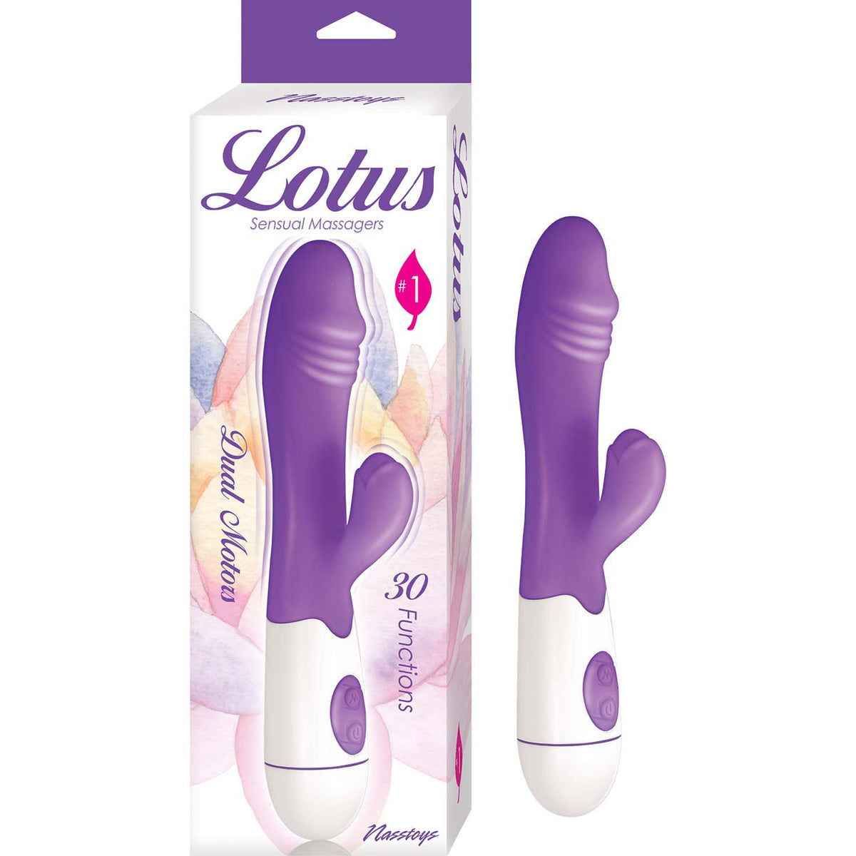 Lotus Sensual Massagers Rabbit Vibrator Purple in packaging, showing elegant design and dual stimulation features.