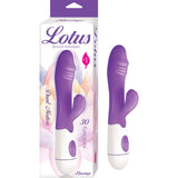 Lotus Sensual Massagers Rabbit Vibrator Purple in packaging, showing elegant design and dual stimulation features.