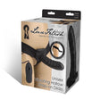 Lux Fetish 9 Inch Vibrating Hollow Strap-On Dildo Black packaging showcasing its design and features.