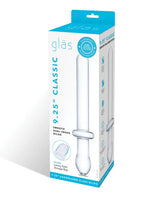Glas 9.25 Inch Classic Smooth Dual-Ended Dildo Clear packaging featuring sleek design and product details.