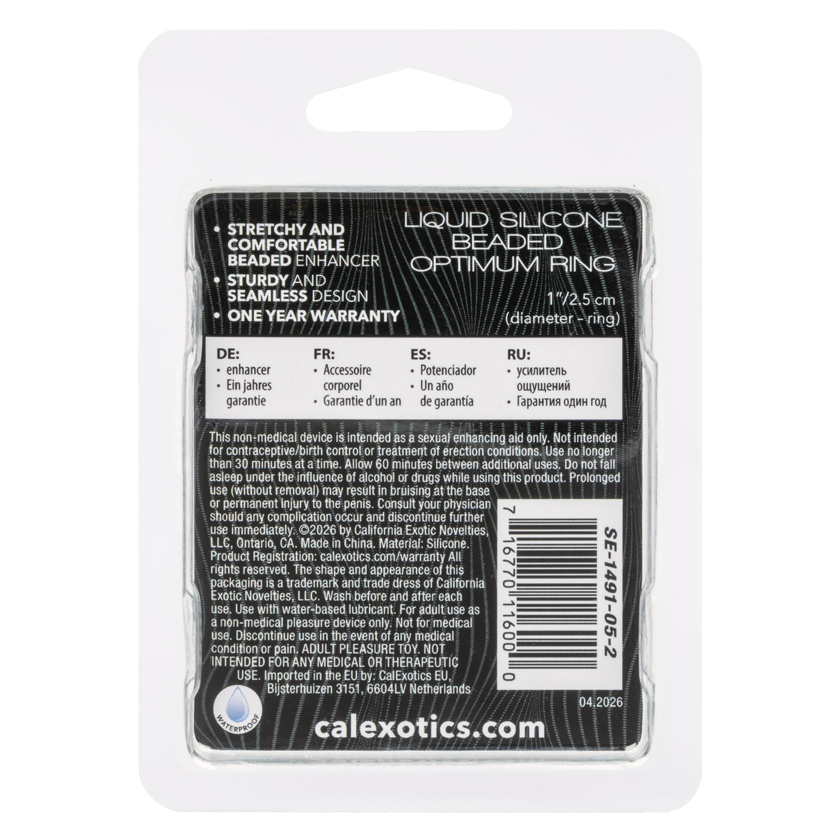 Alpha Liquid Silicone Beaded Optimum Ring Black package back with product information and warranty details.