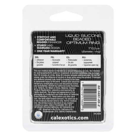 Alpha Liquid Silicone Beaded Optimum Ring Black package back with product information and warranty details.