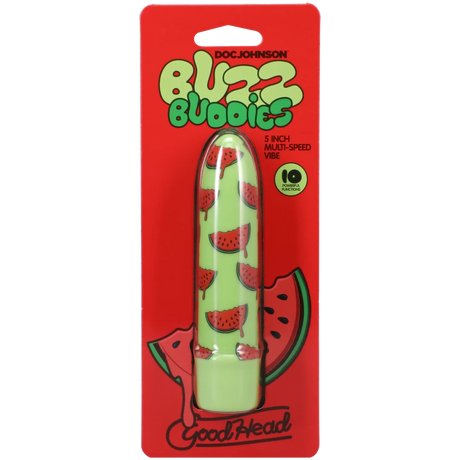 Goodhead Buzz Buddies 5 Inch Multi-Speed Vibe Watermelon on red packaging with watermelon graphics