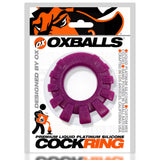 Oxballs Cock-Lug Lugged Silicone Cockring Plum on packaging, showcasing plush, stretchy design for comfort and support.