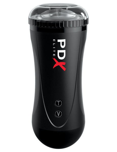 PDX Elite Moto Stroker Thrusting Masturbator Black features automatic stroking and powerful vibrations.
