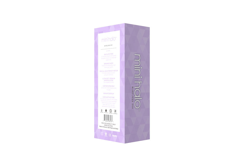 Viben Mini Halo Lilac Rechargeable Wand Massager packaging showcasing features and design details.