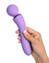 Fantasy For Her Duo Wand Massage-Her Silicone Purple held in hand, highlighting its ergonomic design and dual motors.