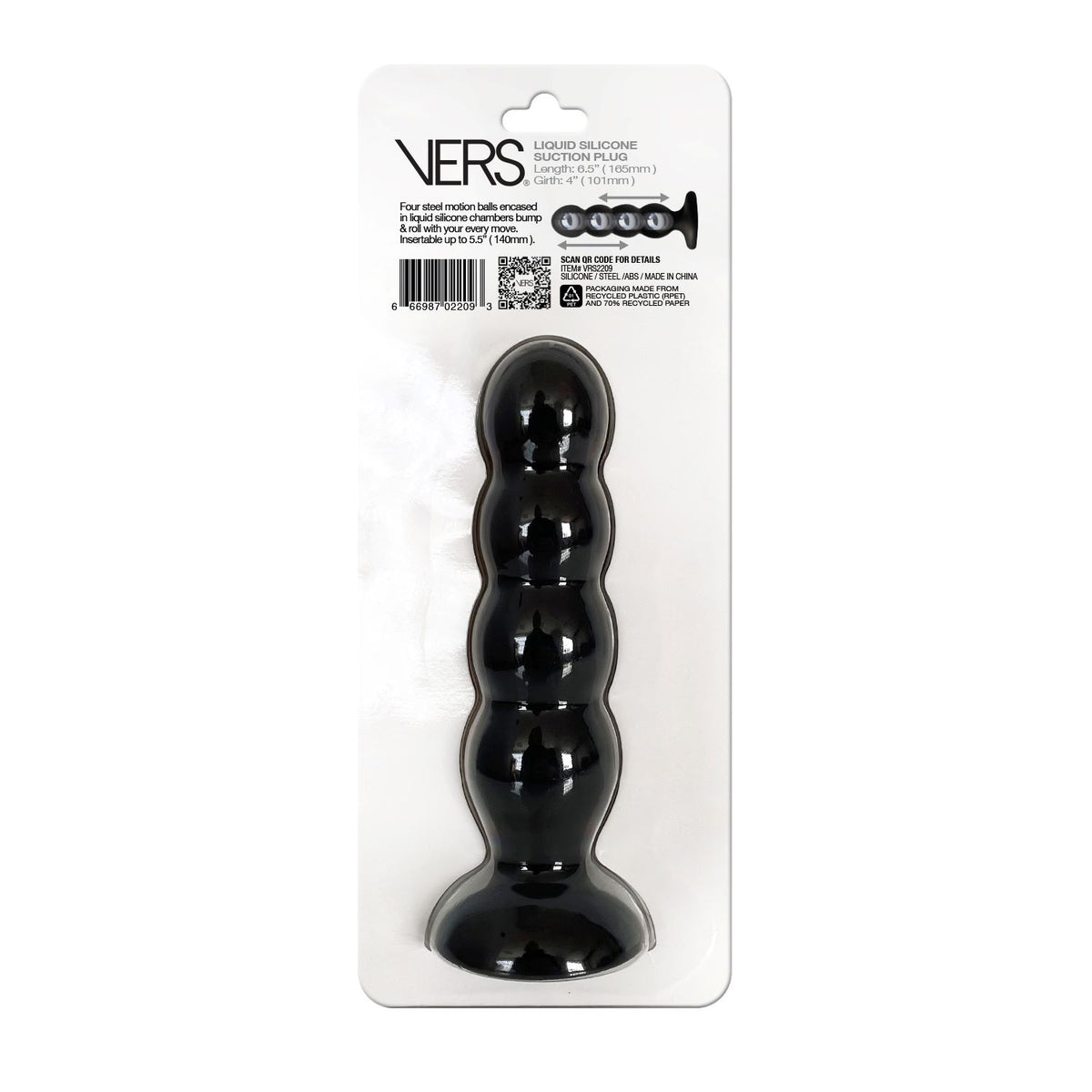 Vers Liquid Silicone Suction Anal Plug Black packaging showcasing the premium anal pleasure toy with a unique design.