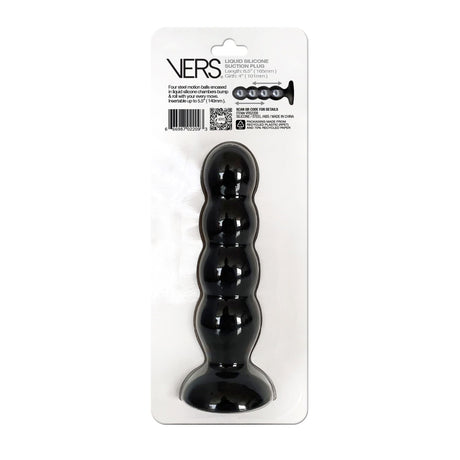 Vers Liquid Silicone Suction Anal Plug Black packaging showcasing the premium anal pleasure toy with a unique design.