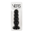 Vers Liquid Silicone Suction Anal Plug Black in packaging showcasing its smooth design and steel motion balls for pleasure.