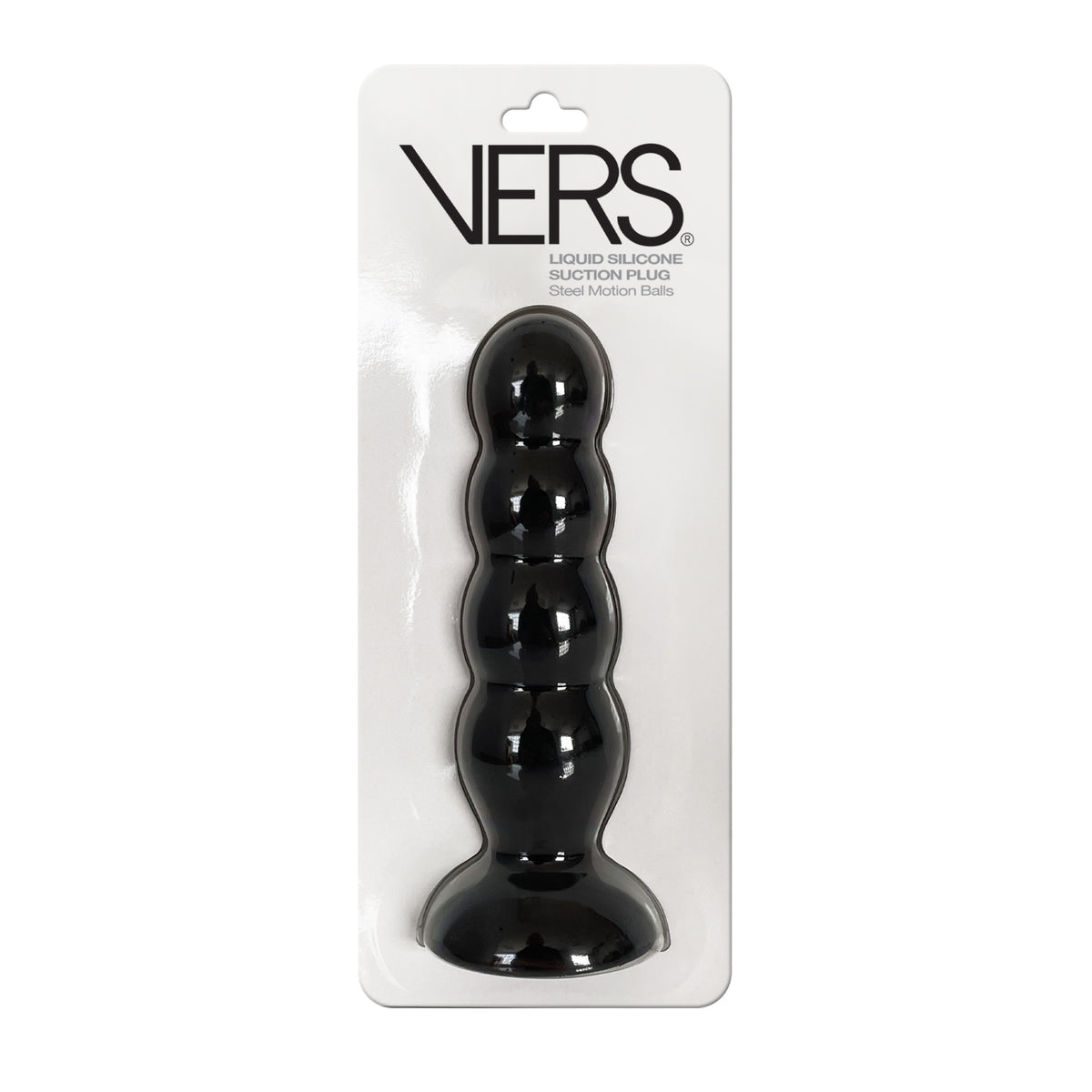 Vers Liquid Silicone Suction Anal Plug Black in packaging showcasing its smooth design and steel motion balls for pleasure.
