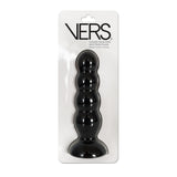 Vers Liquid Silicone Suction Anal Plug Black in packaging showcasing its smooth design and steel motion balls for pleasure.