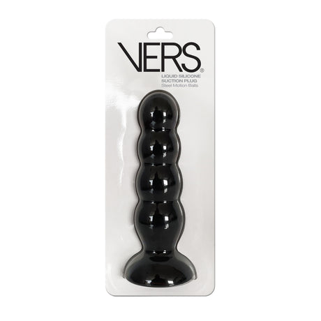 Vers Liquid Silicone Suction Anal Plug Black in packaging showcasing its smooth design and steel motion balls for pleasure.