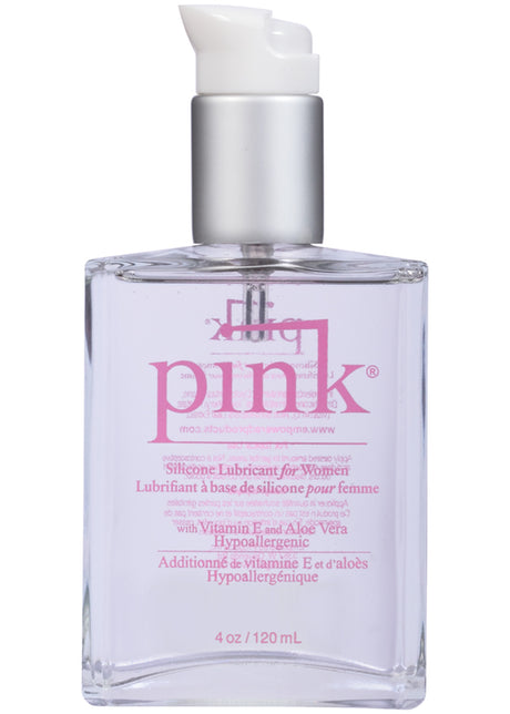 Pink Silicone Lubricant for Women 4 Oz Glass Bottle in a premium glass container with a pump.