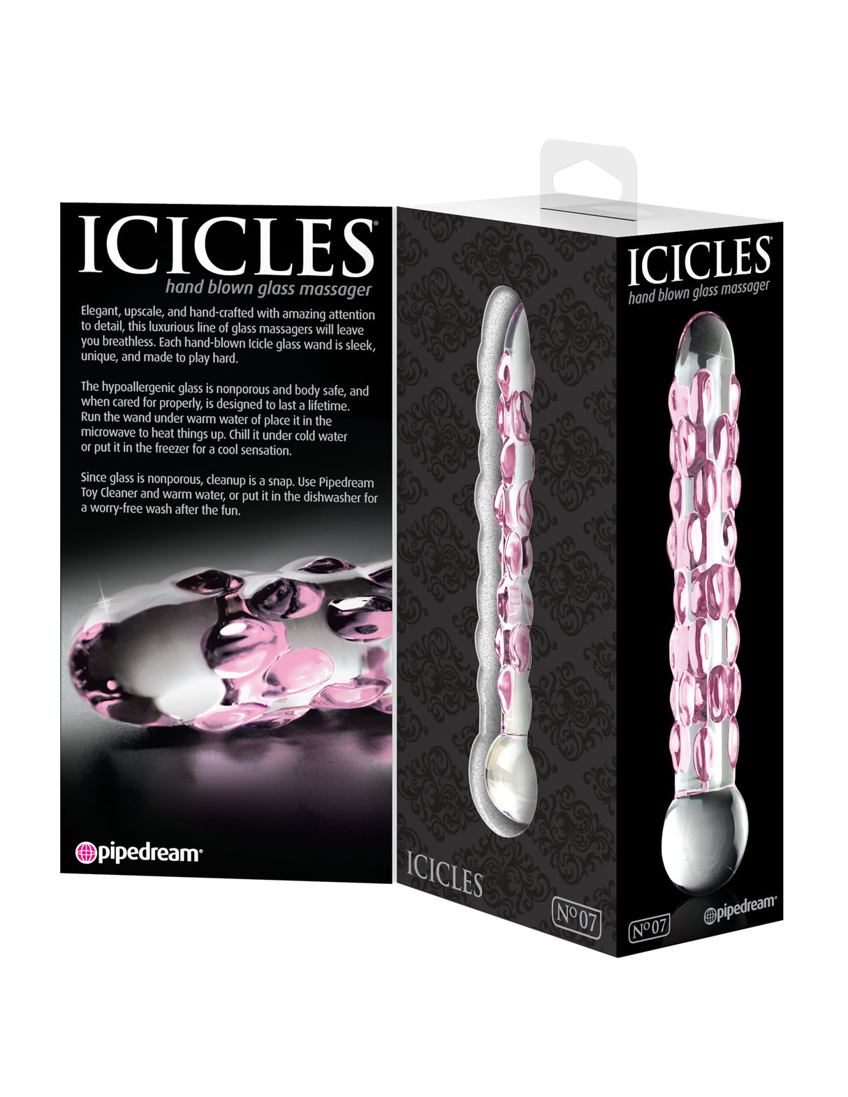 Icicles No 7 Glass Dildo 7 Inch Clear Pink packaging display showcasing the elegant design and features.