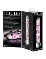 Icicles No 7 Glass Dildo 7 Inch Clear Pink packaging display showcasing the elegant design and features.