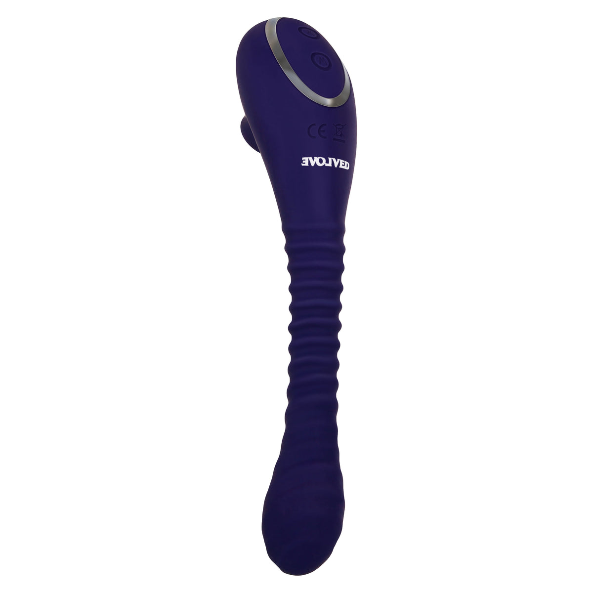 Bendable Sucker Dual End Silicone Vibrator Purple showcasing a dual-ended design with ribbed texture and suction features.