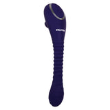Bendable Sucker Dual End Silicone Vibrator Purple showcasing a dual-ended design with ribbed texture and suction features.