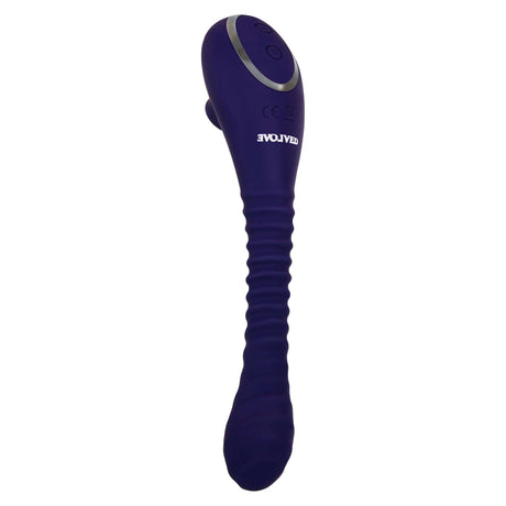 Bendable Sucker Dual End Silicone Vibrator Purple showcasing a dual-ended design with ribbed texture and suction features.