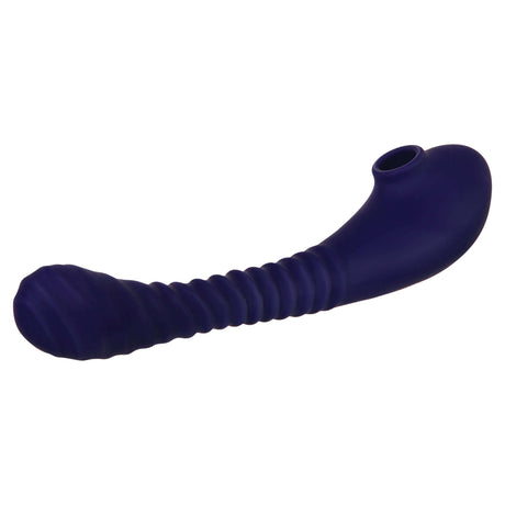 Bendable Sucker Dual End Silicone Vibrator Purple on a white background showcasing its sleek design and texture.