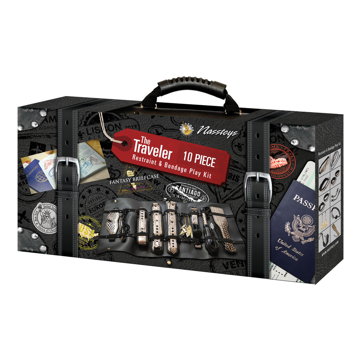 The Traveler 10 Piece Restraint and Bondage Play Kit in a stylish fantasy briefcase.