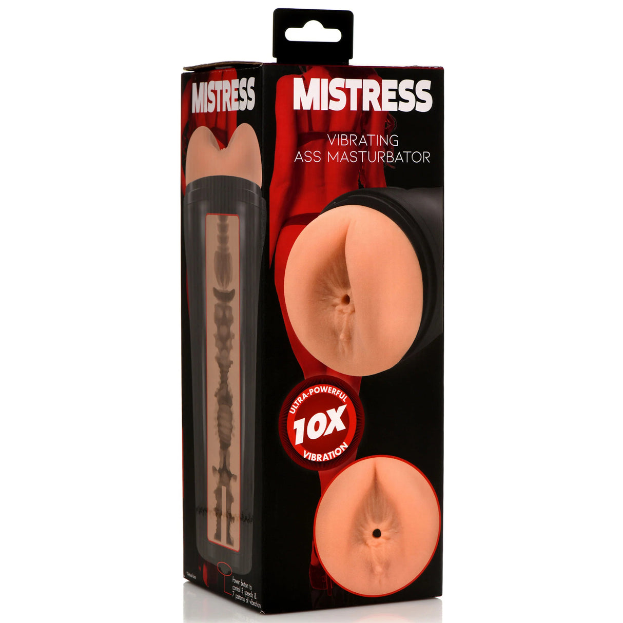 Mistress Vibrating Ass Masturbator Medium packaging showcasing its lifelike design and features.