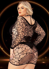 Lapdance Long Sleeve Mini Dress Queen Size Black featuring daring cutouts and flirty heart details, hugging curvy figures.