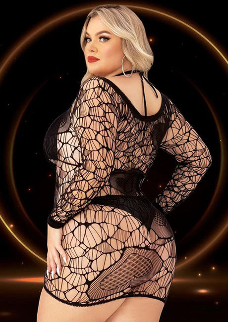 Lapdance Long Sleeve Mini Dress Queen Size Black featuring daring cutouts and flirty heart details, hugging curvy figures.