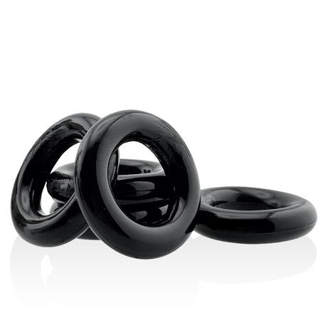 Oxballs Jacker 5-Stack Five-Pack Tube Super-Strong Cockrings Black displayed together in a sleek arrangement.