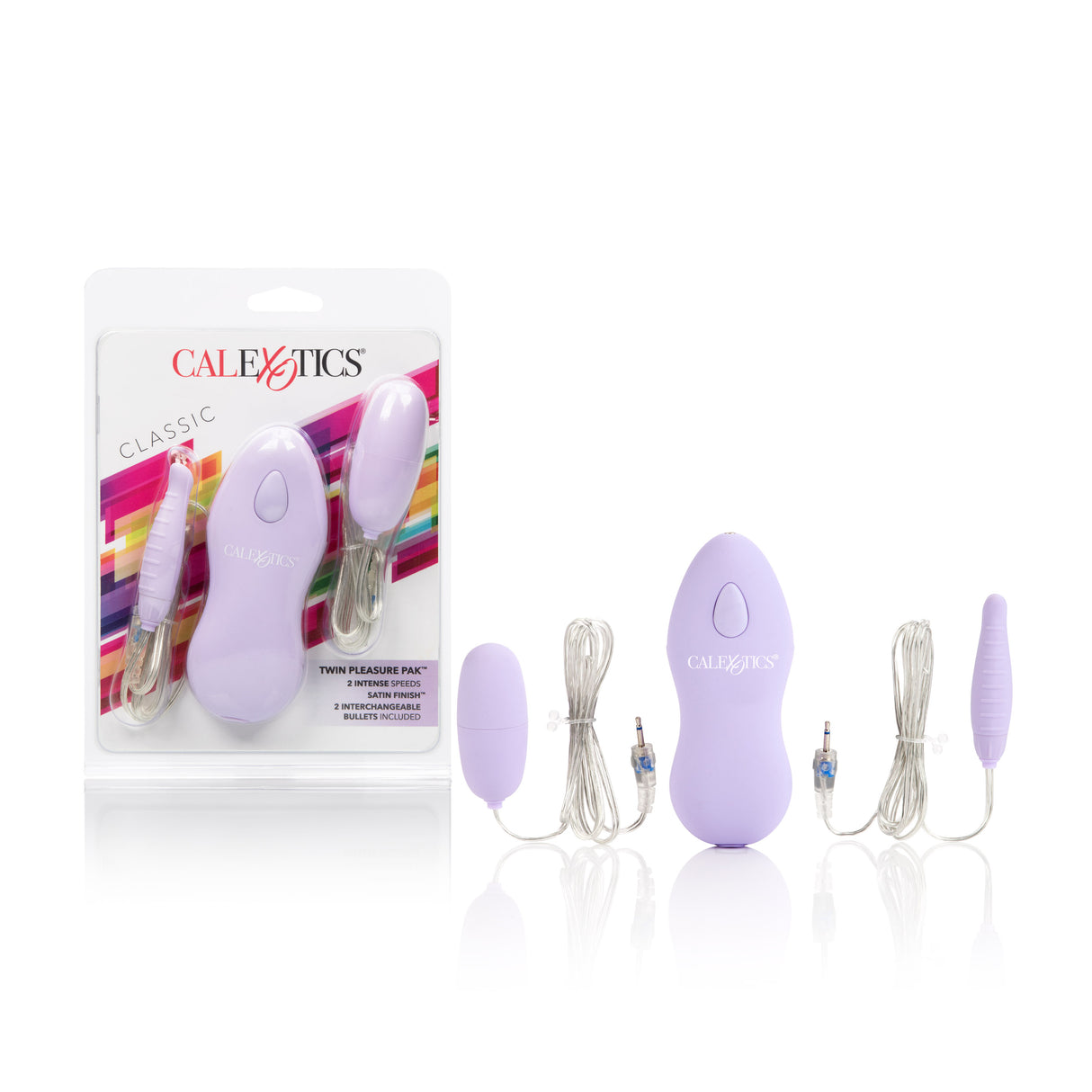 Twin Pleasure Pak Bullet Vibrator Purple with two interchangeable bullets and plug-in jacks for versatile pleasure.