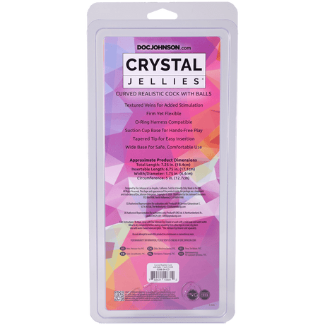 Packaging for Crystal Jellies Realistic Cock With Balls 7 Inch Clear by Doc Johnson, showing product details and features.