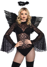 Model wearing Leg Avenue 2 Pc Angel Accessory Kit Black featuring feather wings and halo, showcasing dramatic angel costume.