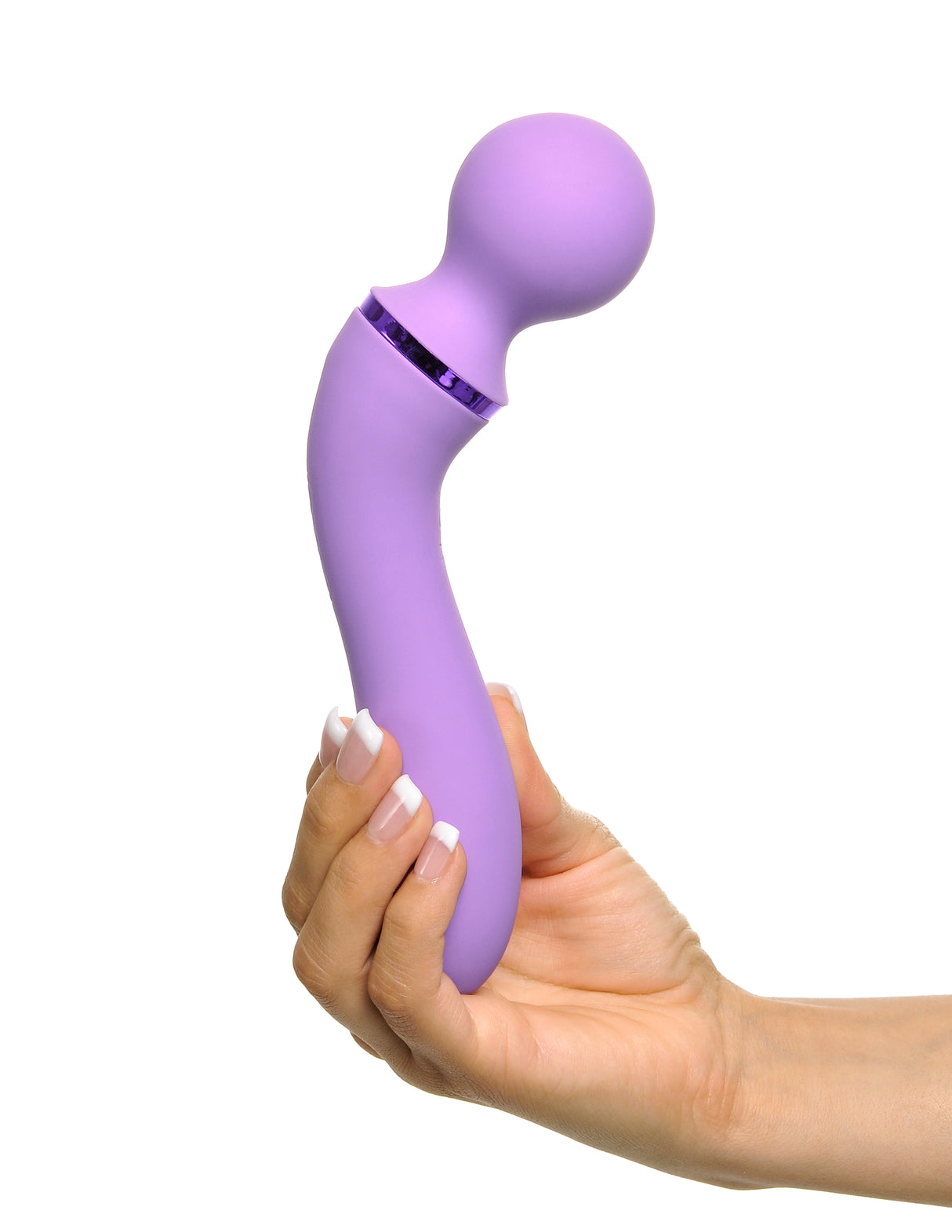 Fantasy For Her Duo Wand Massage-Her Silicone Purple held in hand, showcasing its ergonomic design and color.
