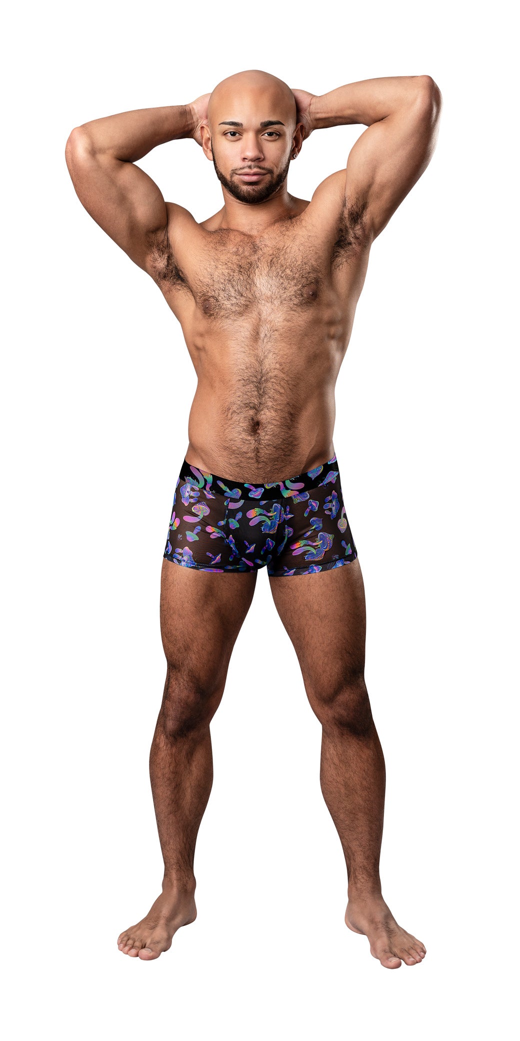 Male Power Hazy Dayz Pouch Short Medium Mushroom on a model striking a powerful pose showcasing the stylish design.