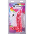 Crystal Jellies Curved Realistic Cock With Balls 8 Inch Pink in packaging showcasing its design and features.