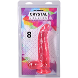 Crystal Jellies Curved Realistic Cock With Balls 8 Inch Pink in packaging showcasing its design and features.