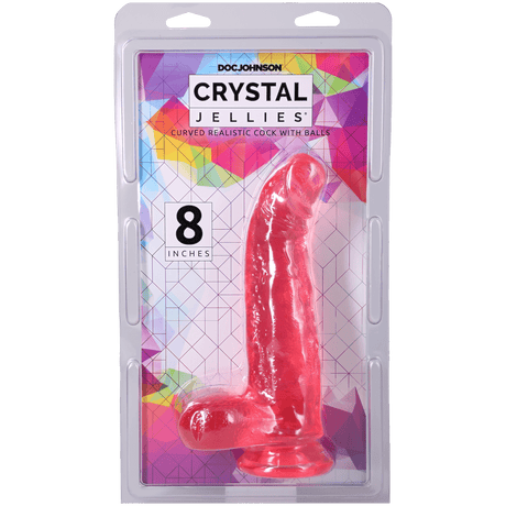 Crystal Jellies Curved Realistic Cock With Balls 8 Inch Pink in packaging showcasing its design and features.