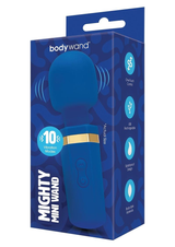 Bodywand Mini Wand Mighty Wand Blue packaging showcasing design, features, and 10 vibration modes.