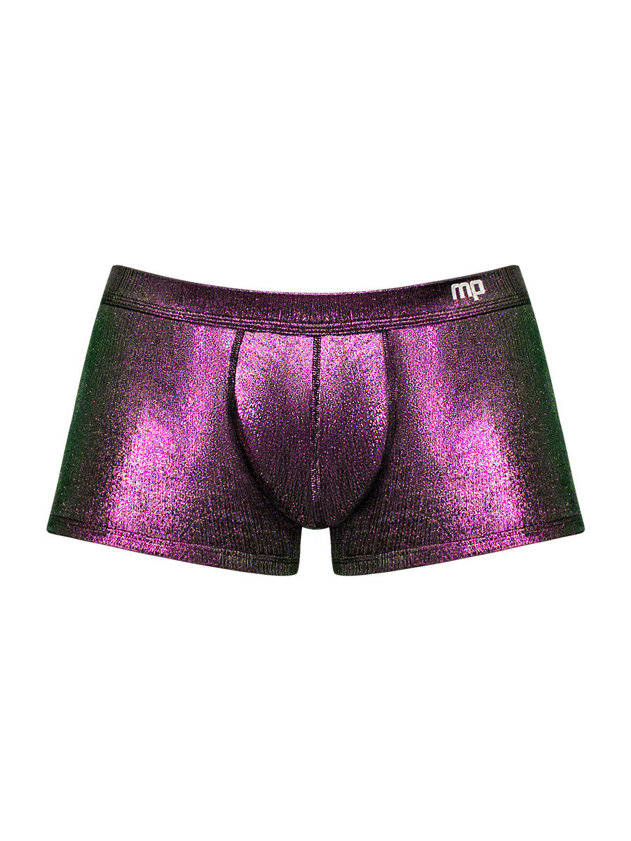 Hocus Pocus Uplift Mini Short Small Purple featuring shiny multi-chrome fabric and no-roll waistband.