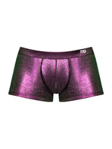 Hocus Pocus Uplift Mini Short Small Purple featuring shiny multi-chrome fabric and no-roll waistband.
