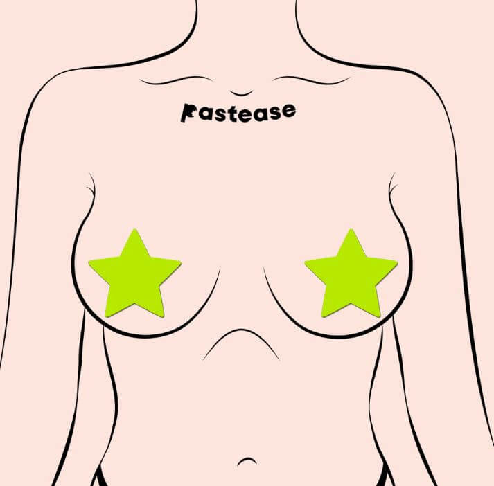 Pastease Star Glow In The Dark Neon Yellow stars on a minimal design mannequin, perfect for festival outfits.