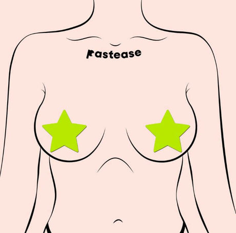 Pastease Star Glow In The Dark Neon Yellow stars on a minimal design mannequin, perfect for festival outfits.