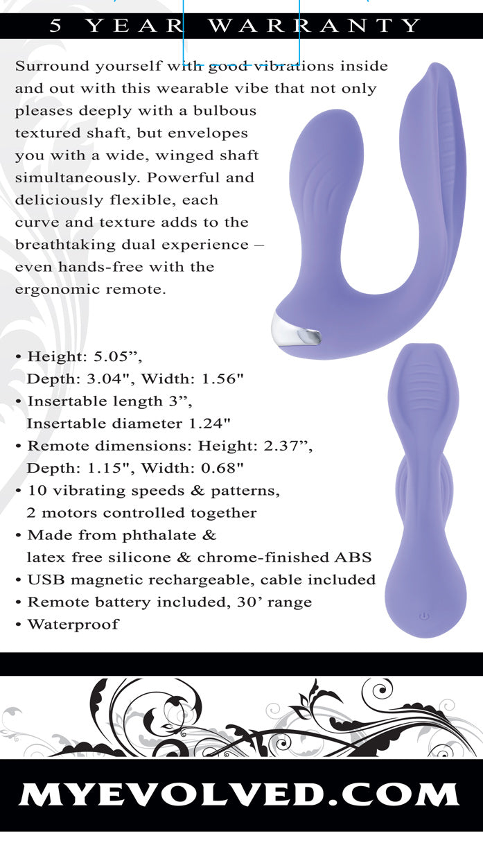 Every Way Play Wearable Vibrator with Remote Lilac surrounded by product details and features, displaying its design and dimensions.
