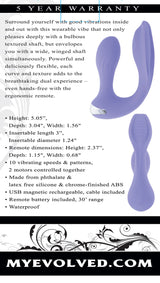 Every Way Play Wearable Vibrator with Remote Lilac surrounded by product details and features, displaying its design and dimensions.