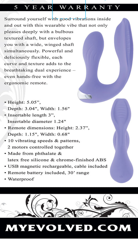 Every Way Play Wearable Vibrator with Remote Lilac surrounded by product details and features, displaying its design and dimensions.