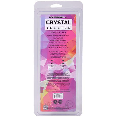 Crystal Jellies Realistic Cock 7 Inches Clear packaging with details on features and usage.