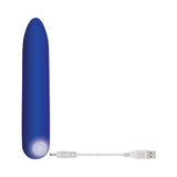 Zero Tolerance All Mighty Rechargeable Bullet Vibrator in blue with USB charging cable, waterproof for enhanced pleasure.