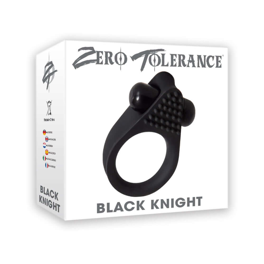 Zero Tolerance Black Knight Vibrating Cockring packaging showcasing its design and features.
