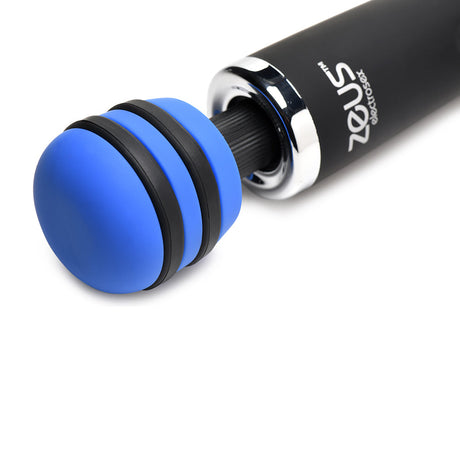Close-up of Zeus Electrosex E-Stim Vibrating Wand Massager with a blue plush head and sleek black handle.