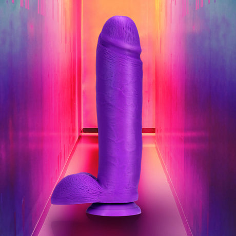 Neo Elite 10 Inch Silicone Dual Density Cock with Balls Purple displayed in a vibrant colorful background.